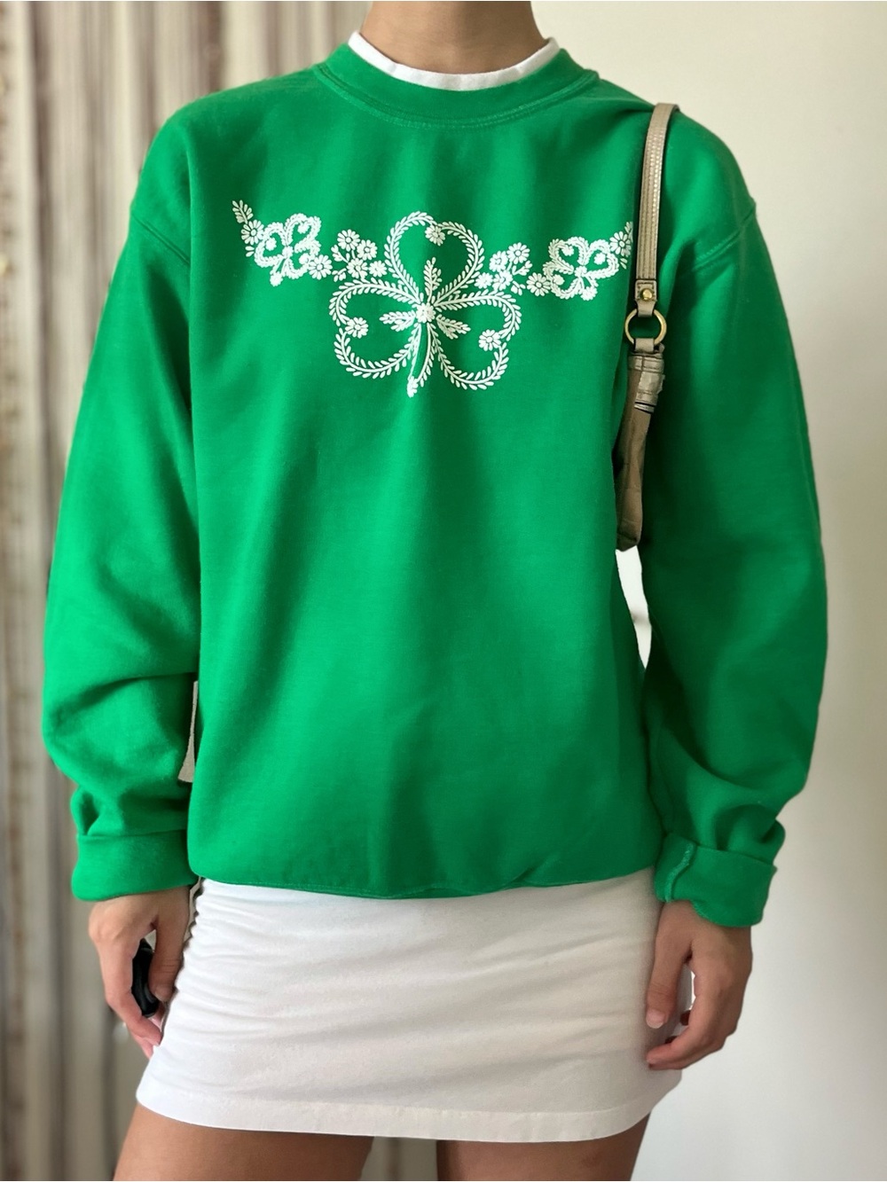 Green Crewneck Sweatshirt with White Floral Four Leaf Clover Motif